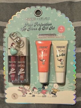 NWT Peanuts x Celavi Lip Gloss & Lip Oil Set - Mint Packaging